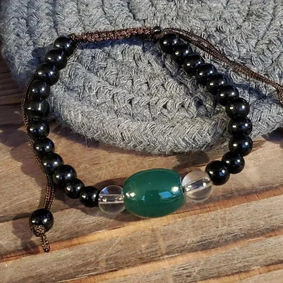 Tibetan Green Barrel Agate Black Beads Bracelet - Picture 3 of 7
